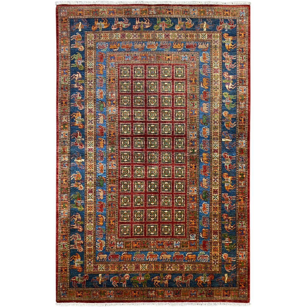 Hand-knotted rectangular Khorjin rug: blue field with a red and green pattern