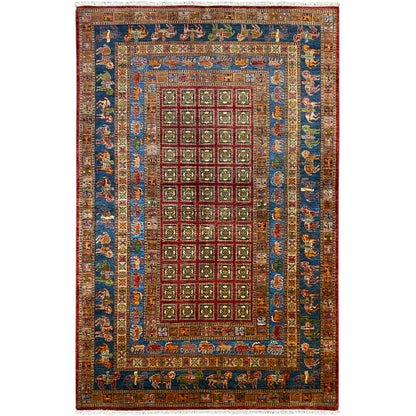 Hand-knotted rectangular Khorjin rug: blue field with a red and green pattern
