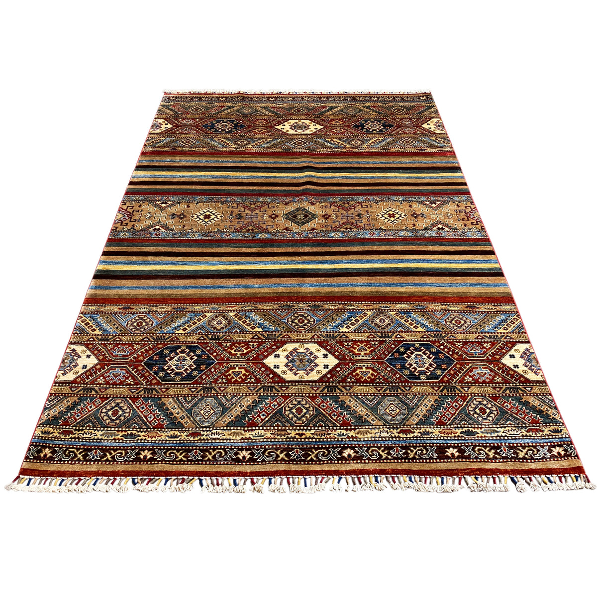 Hand-knotted Khorjin rug in warm tones with stripes, ornaments, and fringes