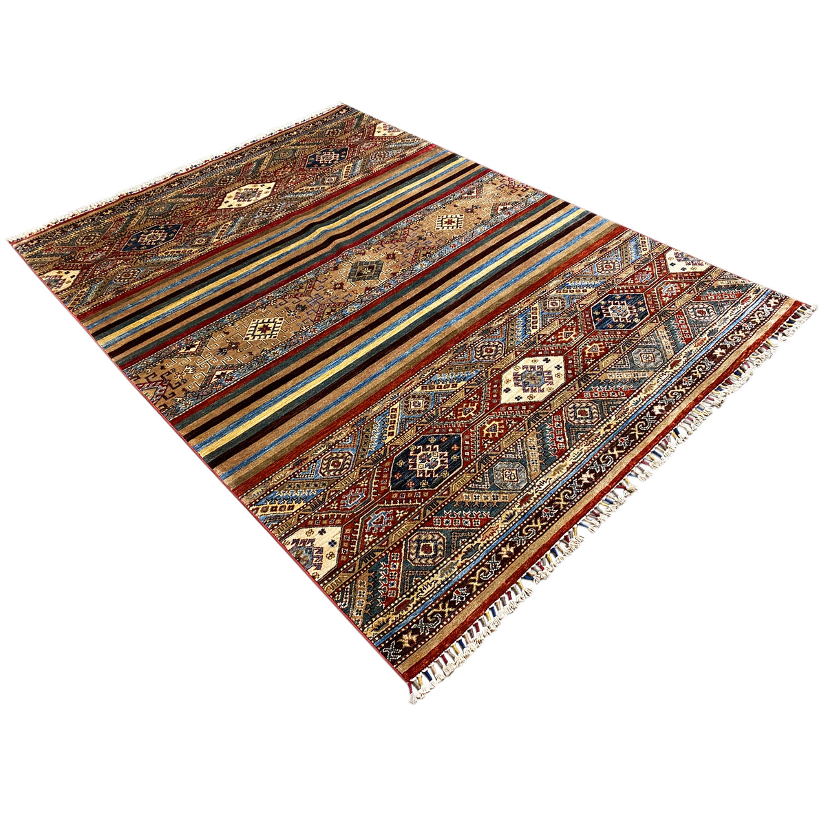 Hand-knotted Khorjin rug, diagonal view: geometric motifs, multicolored stripes