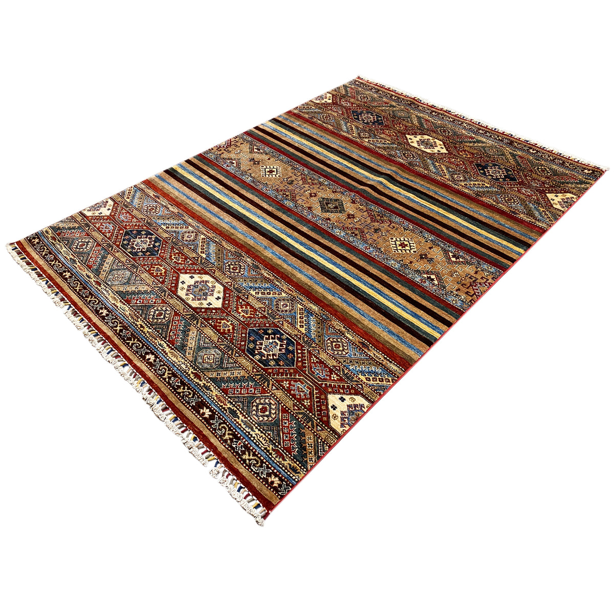Hand-knotted Khorjin rug with diamond and row motifs, fringes along the edges
