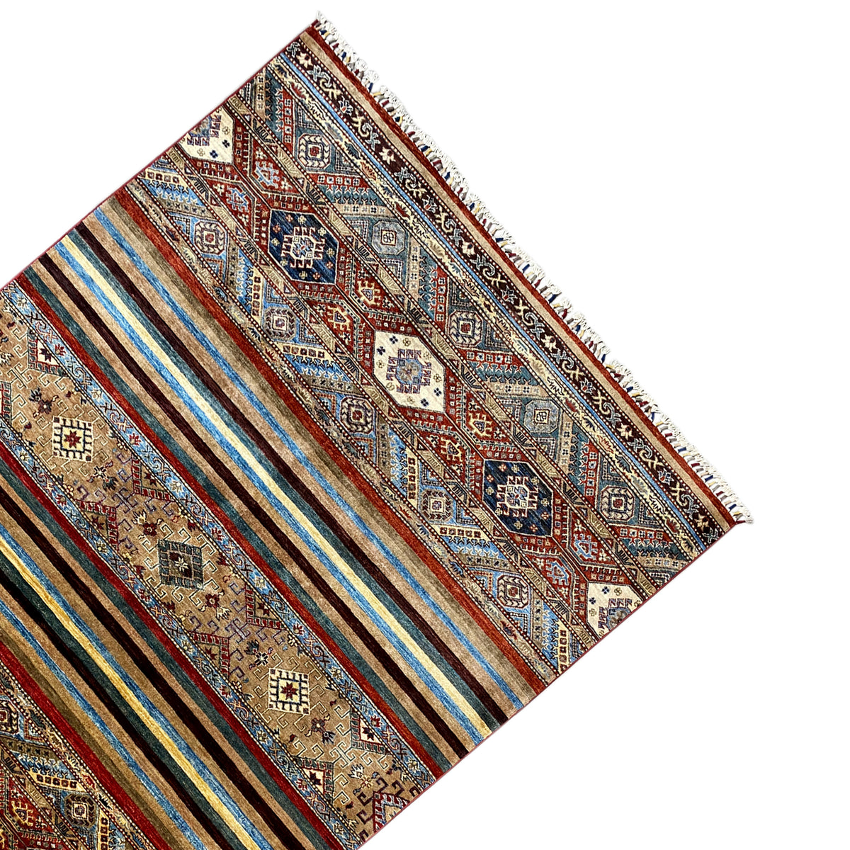 Hand-knotted Khorjin rug, angled: narrow stripes, ornaments and fringes