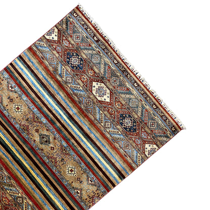 Hand-knotted Khorjin rug, angled: narrow stripes, ornaments and fringes