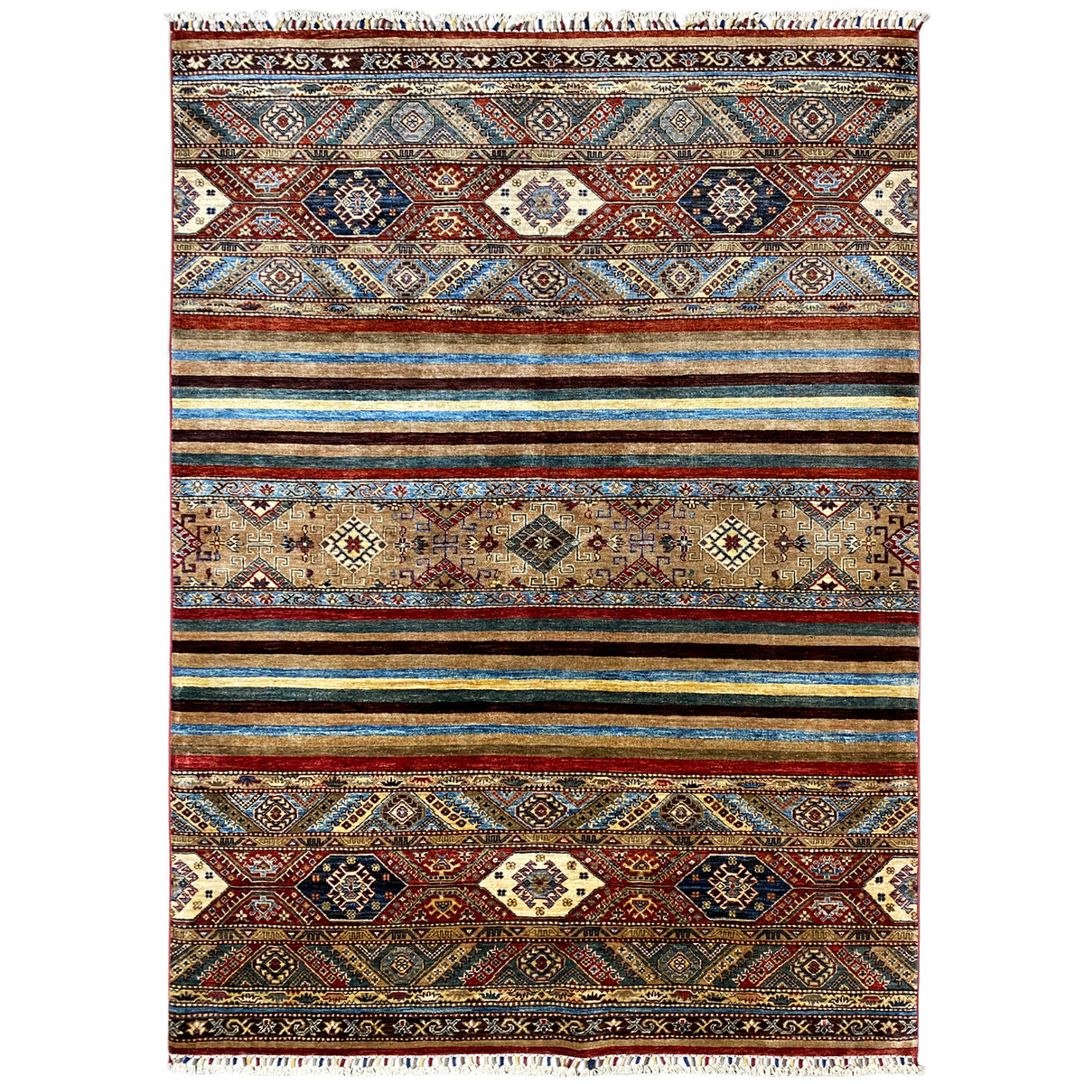 Hand-knotted Khorjin rug with a multicolored diamond and stripe pattern, fringes