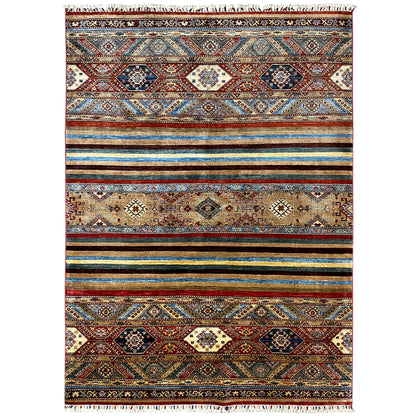 Hand-knotted Khorjin rug with a multicolored diamond and stripe pattern, fringes