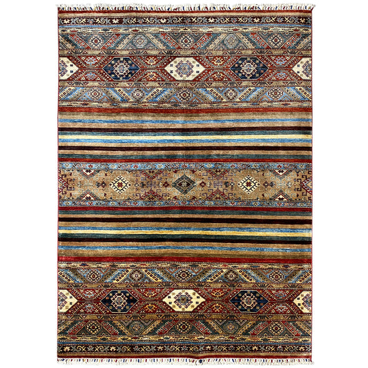 Hand-knotted Khorjin rug with a multicolored diamond and stripe pattern, fringes
