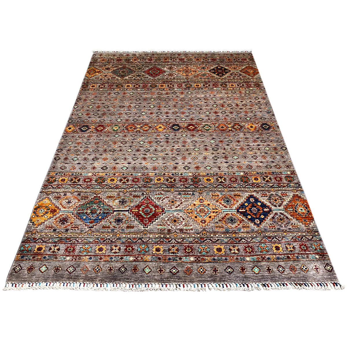 Hand-knotted Khorjin rug, gray-brown background with colorful ornamental stripes and border.