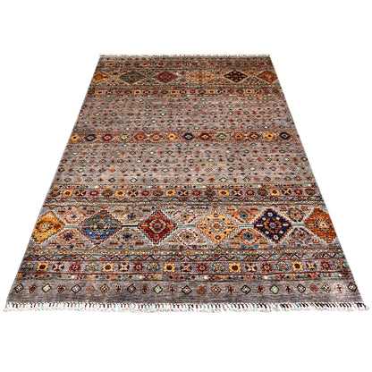 Hand-knotted Khorjin rug, gray-brown background with colorful ornamental stripes and border.