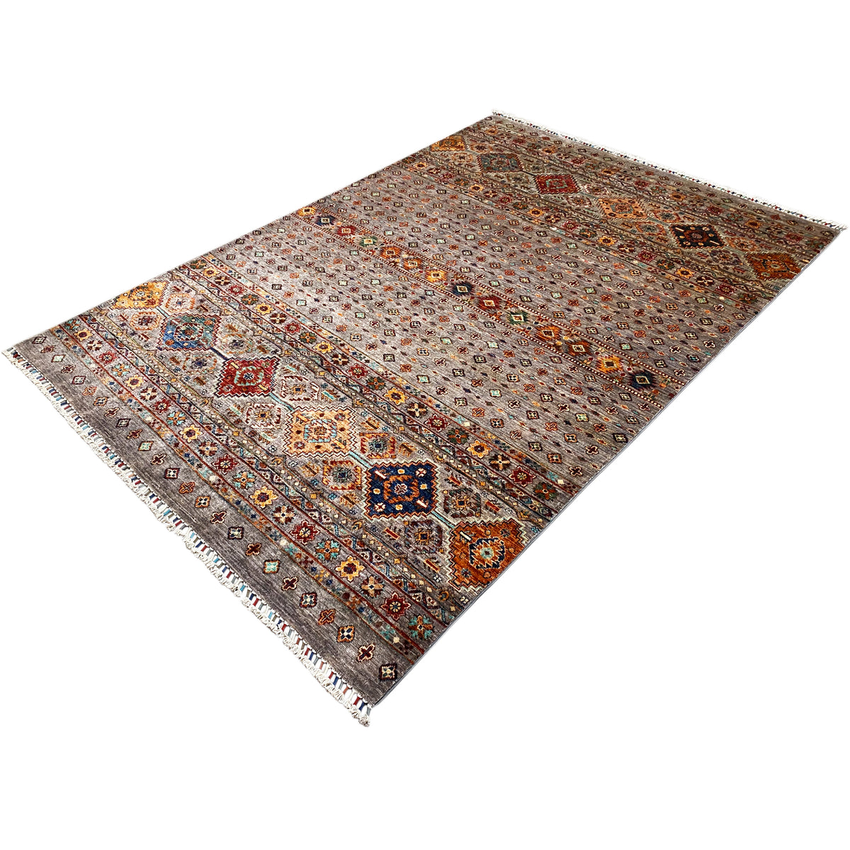 Hand-knotted Khorjin rug, gray-brown with orange accents and colorful patterns.