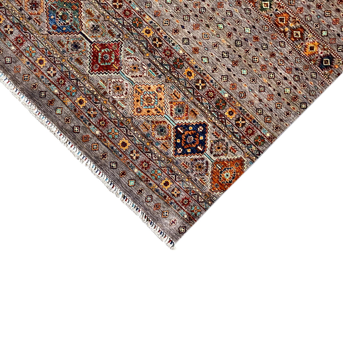 Hand-knotted Khorjin rug: corner border with fringe, fine geometric pattern in gray and colors.
