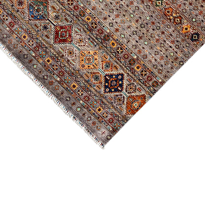 Hand-knotted Khorjin rug: corner border with fringe, fine geometric pattern in gray and colors.