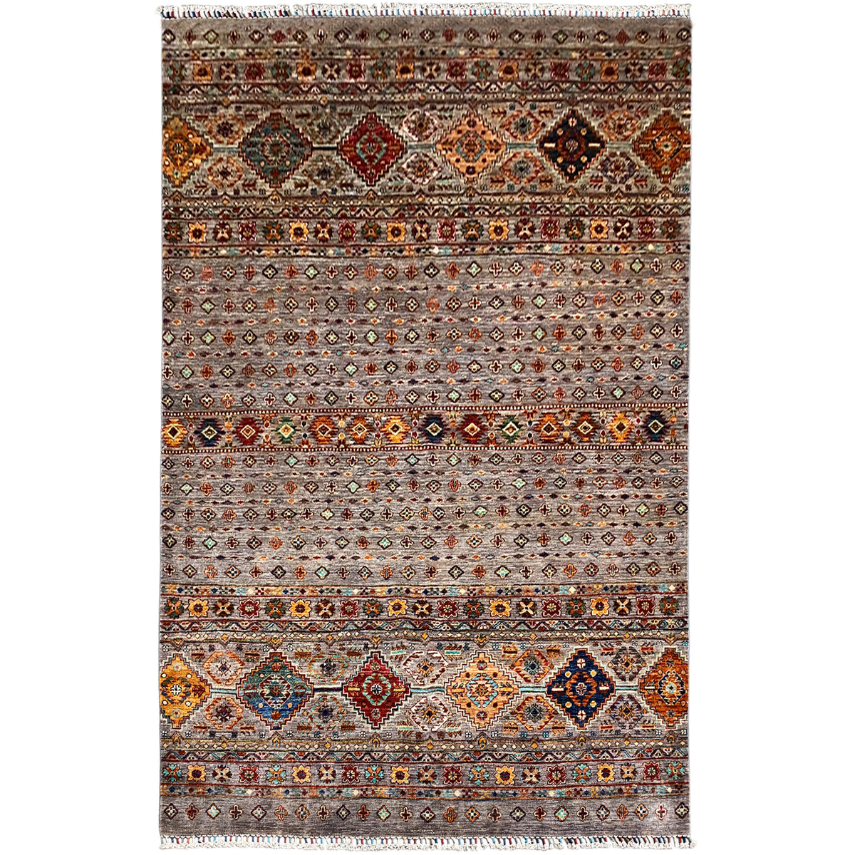 Hand-knotted Khorjin rug with a multicolored geometric pattern and a surrounding border.