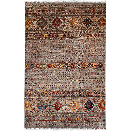 Hand-knotted Khorjin rug with a multicolored geometric pattern and a surrounding border.