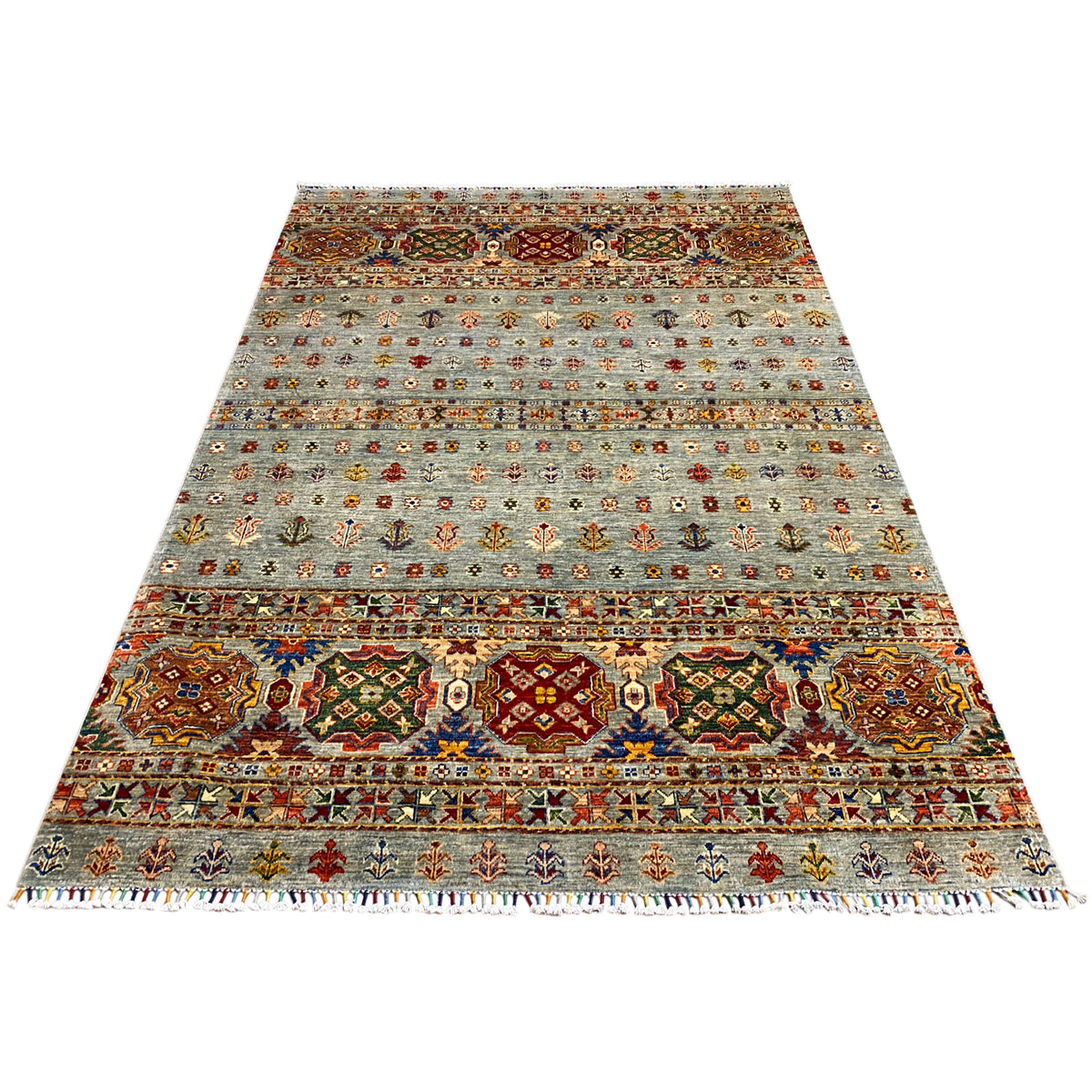 Hand-knotted Khorjin rug, wide border pattern with colorful details on a light gray background