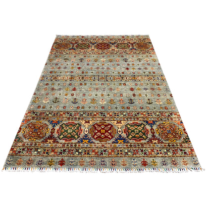 Hand-knotted Khorjin rug, wide border pattern with colorful details on a light gray background