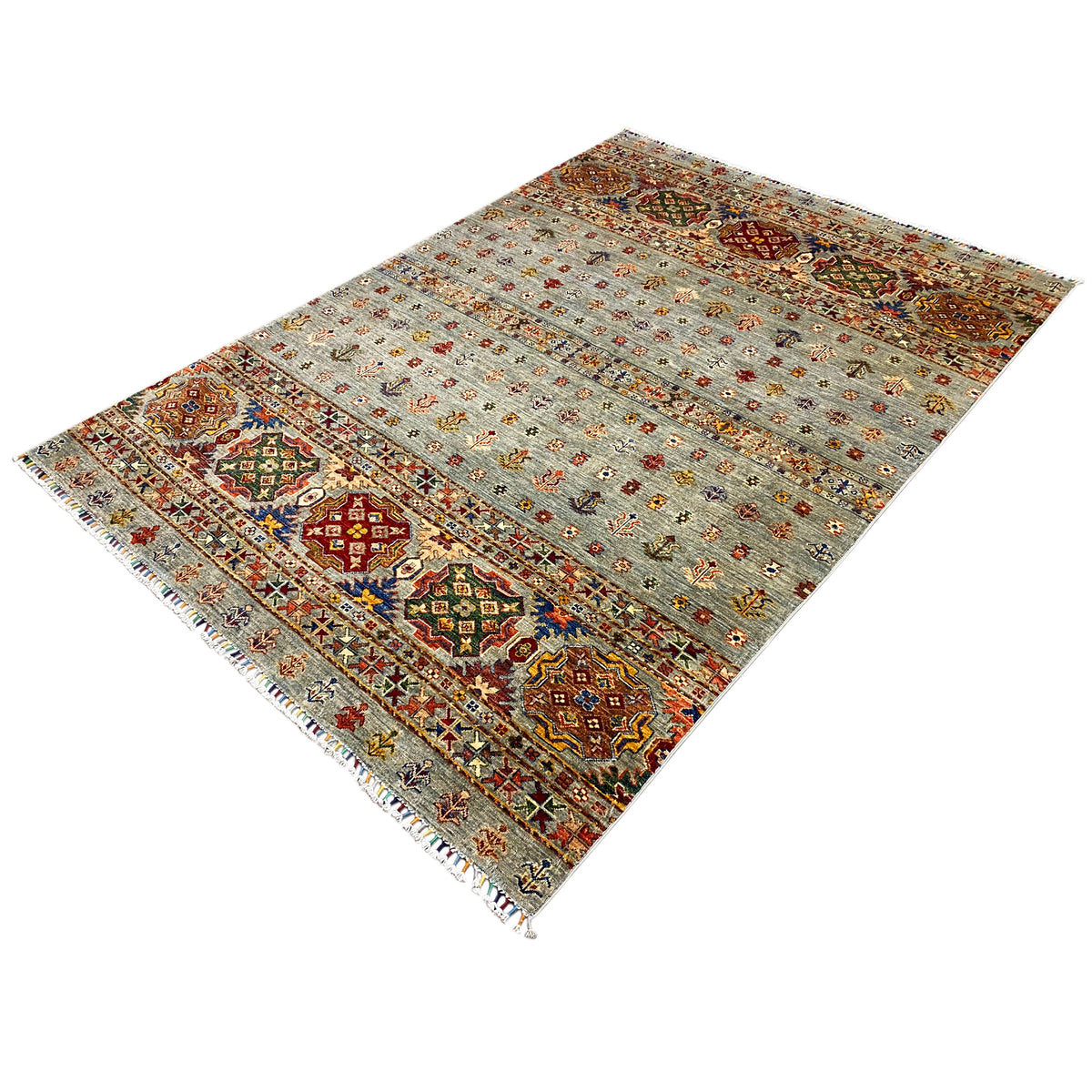Hand-knotted Khorjin rug with border strips and colorful medallions on a light gray background