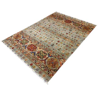 Hand-knotted Khorjin rug with border strips and colorful medallions on a light gray background