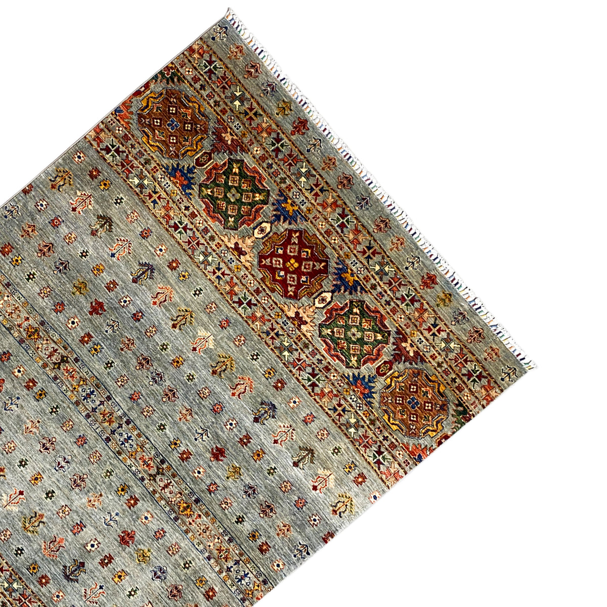 Hand-knotted Khorjin rug with a decorative border and fringe, light gray with colorful accents