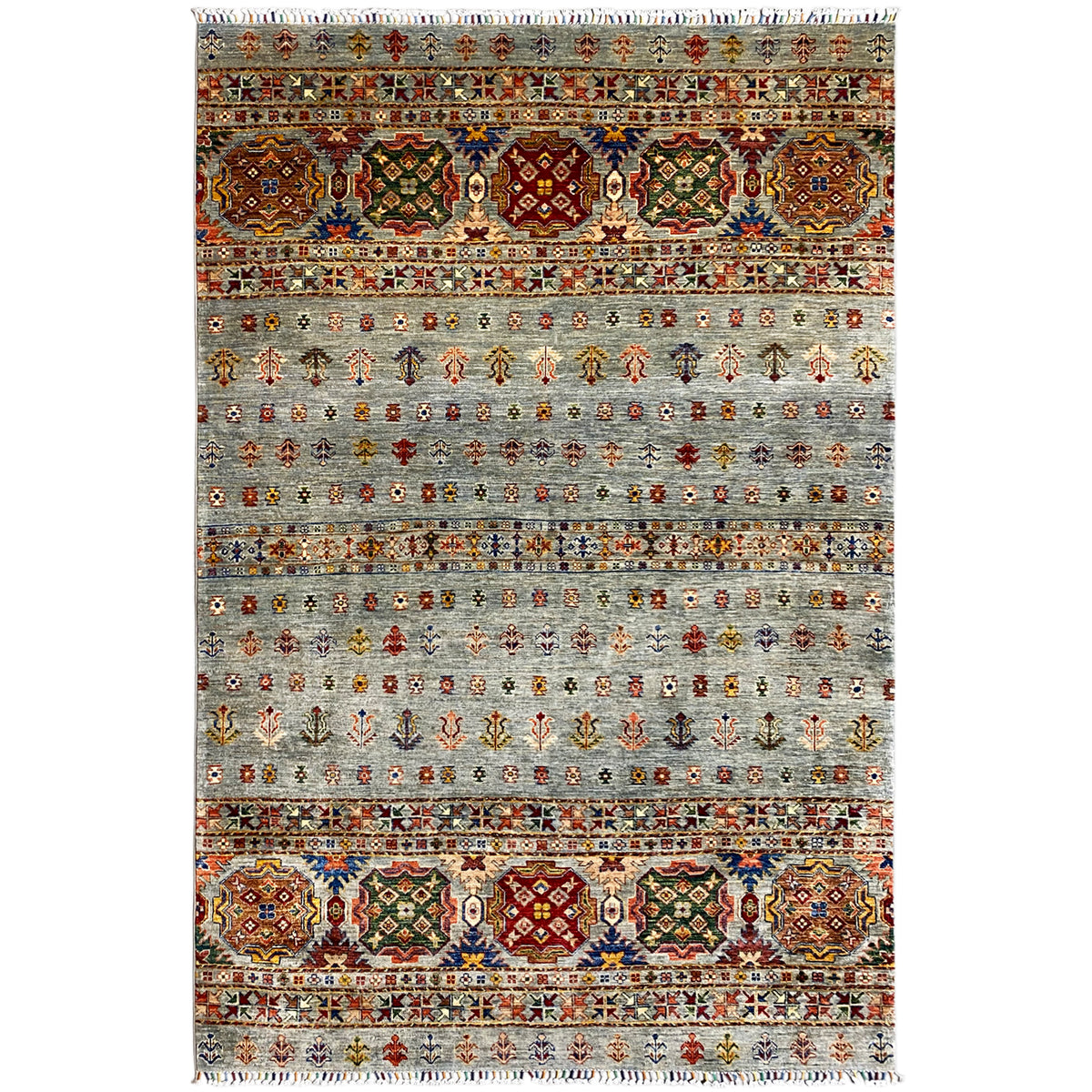 Hand-knotted Khorjin rug with colorful ornaments on a light gray background, rectangular