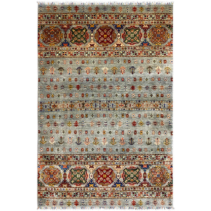 Hand-knotted Khorjin rug with colorful ornaments on a light gray background, rectangular