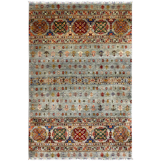 Hand-knotted Khorjin rug with colorful ornaments on a light gray background, rectangular