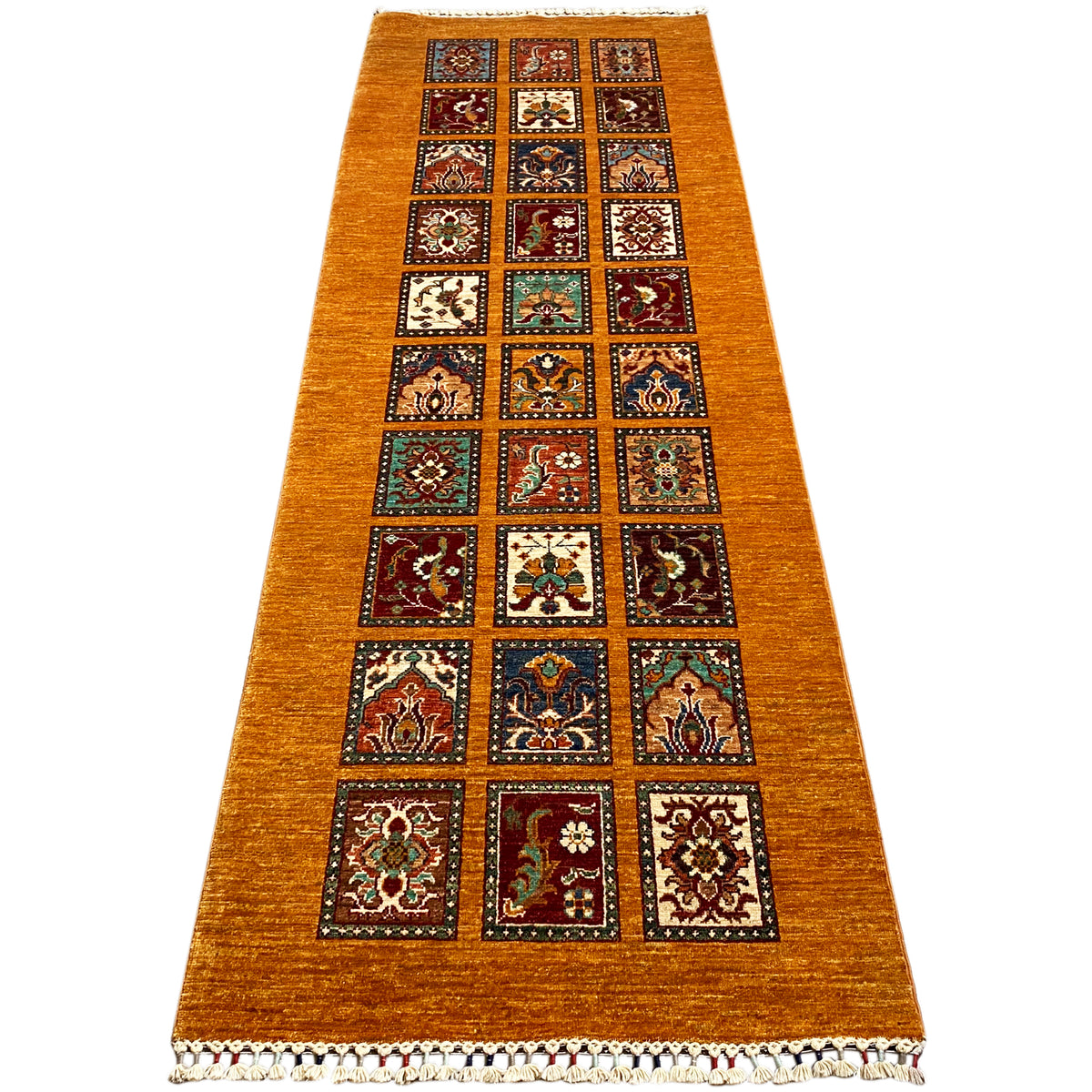Hand-knotted honey-brown Khorjin runner, long rectangle, tiled pattern in rows