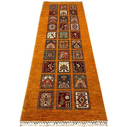 Hand-knotted honey-brown Khorjin runner, long rectangle, tiled pattern in rows