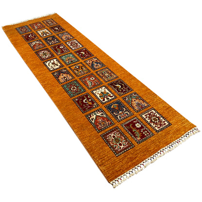 Hand-knotted honey-brown Khorjin runner with square ornamental tiles and a narrow border