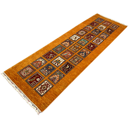 Hand-knotted honey-brown Khorjin runner with ornamental tiles and white borders