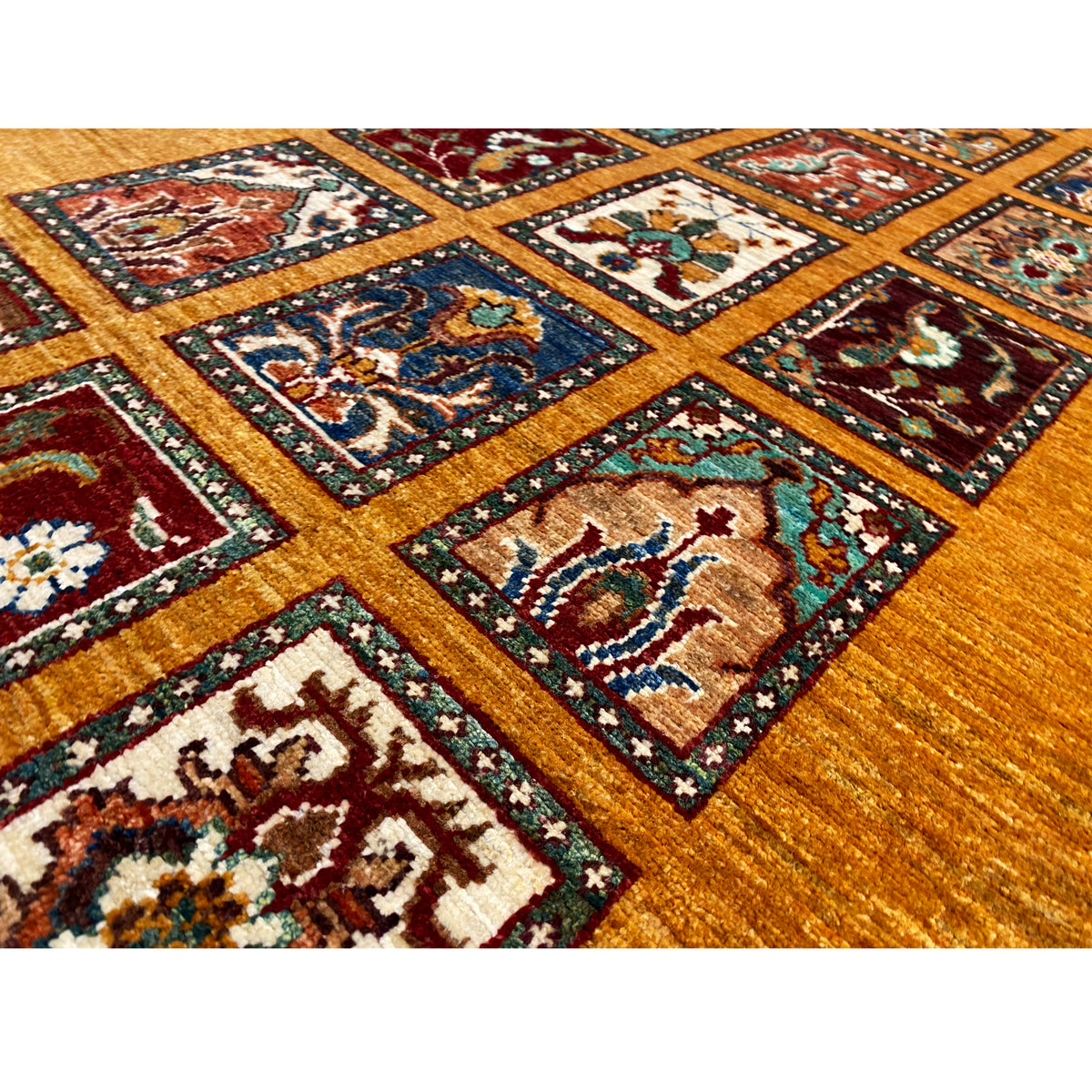 Runner detail: honey-brown surface with multicolored ornamental tiles in a grid