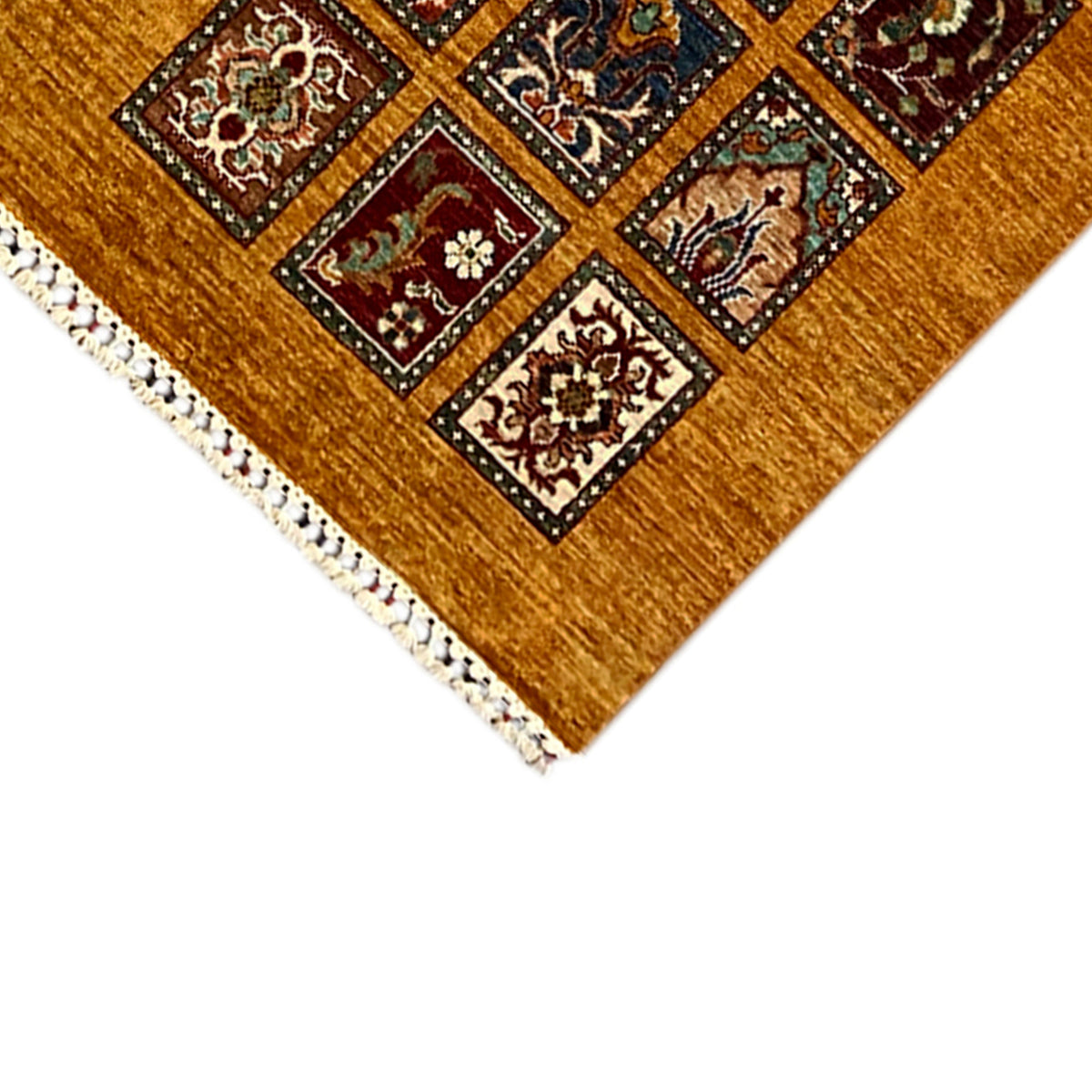 Runner corner with honey-brown background, tile ornaments, and white decorative edging