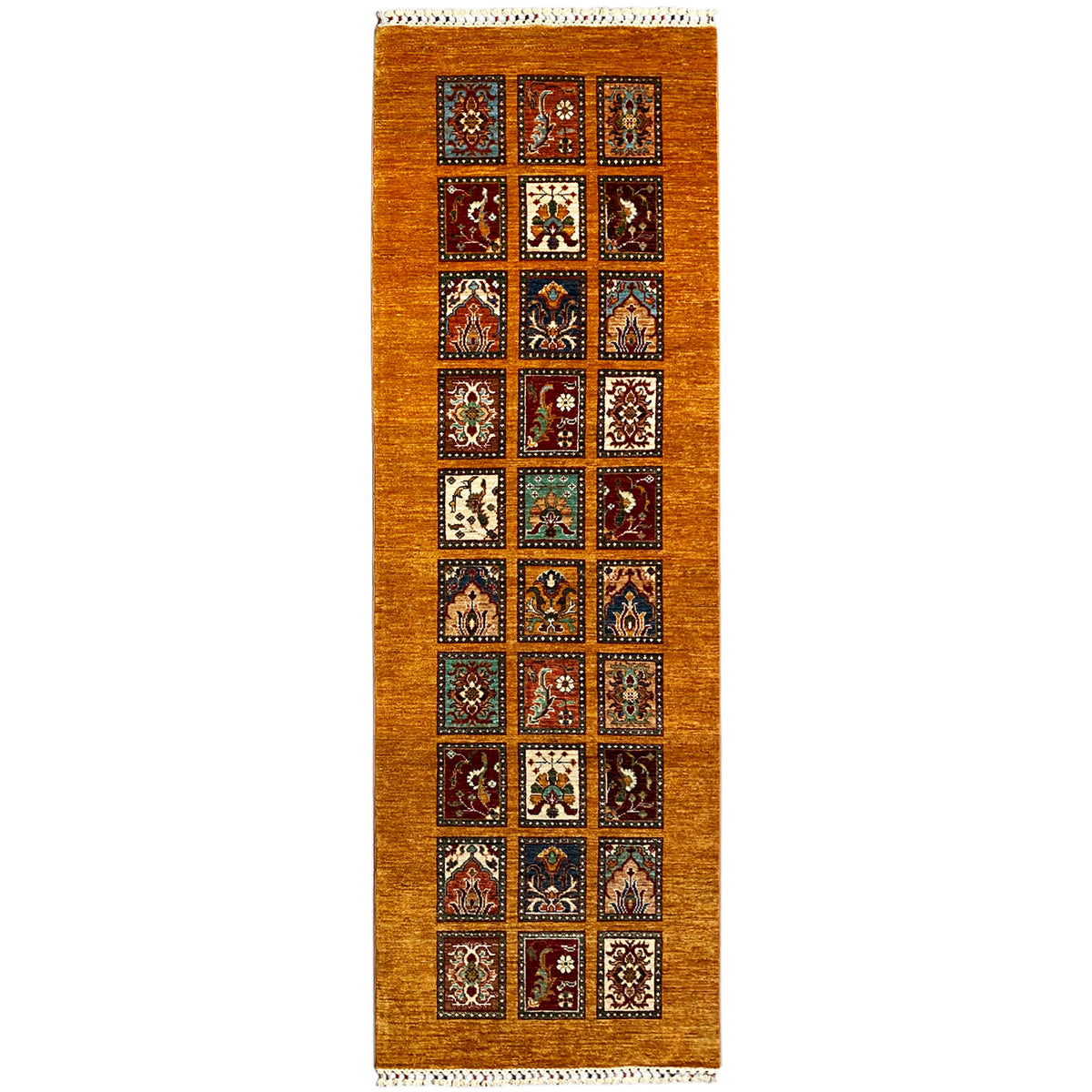 Hand-knotted honey-brown Khorjin runner with tile pattern and border