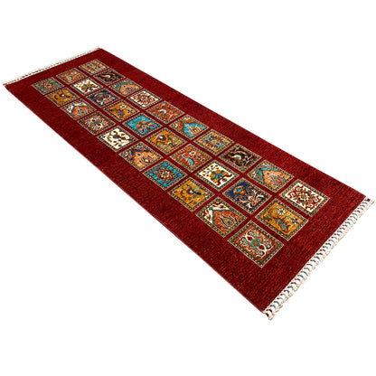 Hand-knotted Khorjin runner, wide red central field with colorful ornamental squares