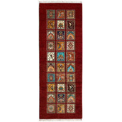 Hand-knotted Khorjin runner with red pile and square ornamental panels, long