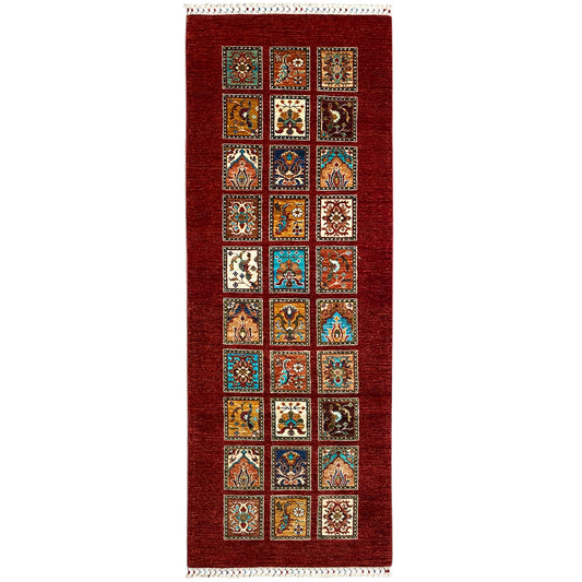 Hand-knotted Khorjin runner with red pile and square ornamental panels, long