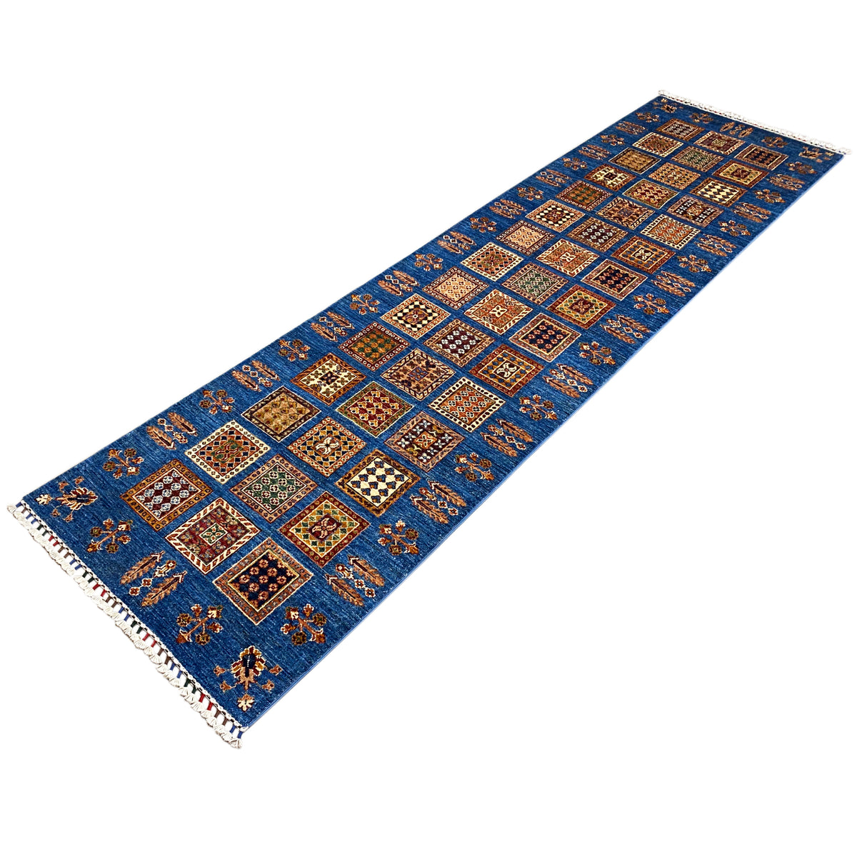 Khorjin runner, rectangular, blue with patchwork squares and colorful medallions