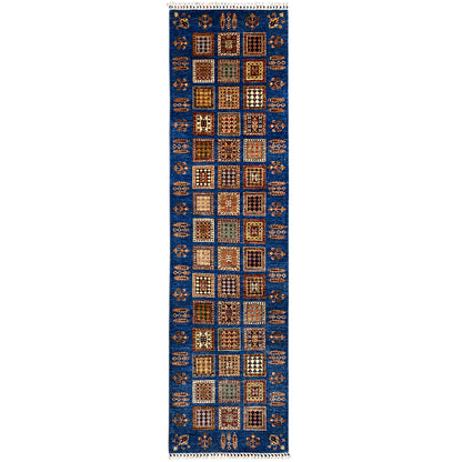 Hand-knotted Khorjin runner, blue with a square pattern, fringes