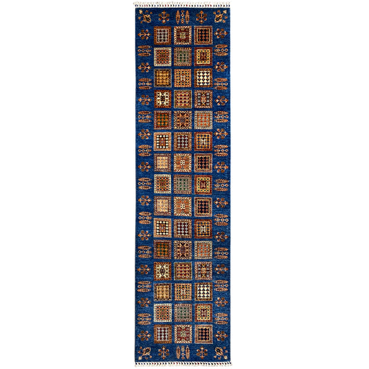 Hand-knotted Khorjin runner, blue with a square pattern, fringes