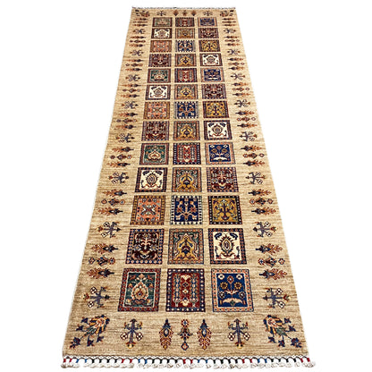 Hand-knotted Khorjin runner with a beige background, square medallions, and decorative border
