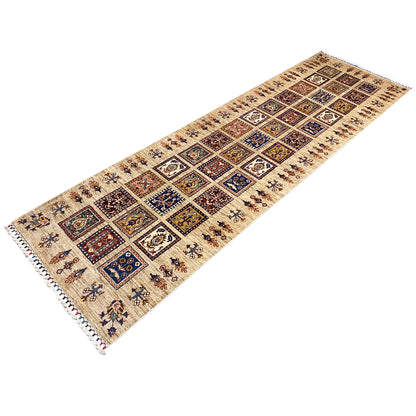 Hand-knotted Khorjin runner: beige runner with colorful tile patterns and tassels