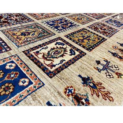 Hand-knotted Khorjin runner Detail: tile motifs in blue, brown, and cream