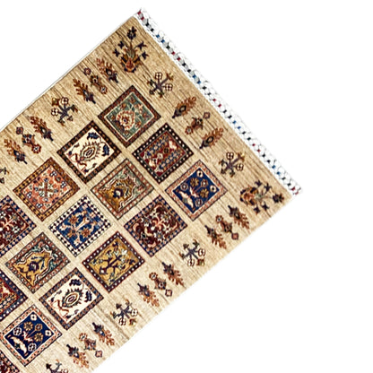 Hand-knotted Khorjin runner corner with decorative border and multicolored square mosaics