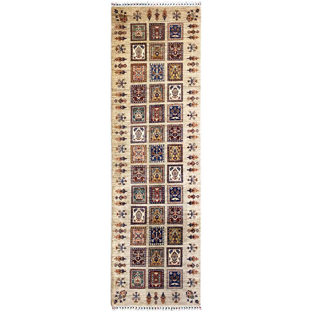 Hand-knotted Khorjin runner: beige base, multicolored patchwork patterns, 293x88 cm