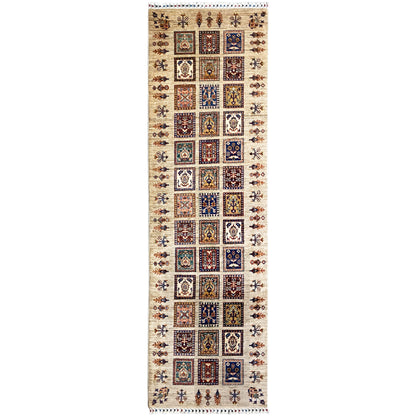 Hand-knotted Khorjin runner: beige base, multicolored patchwork patterns, 293x88 cm