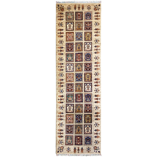 Hand-knotted Khorjin runner: beige base, multicolored patchwork patterns, 293x88 cm