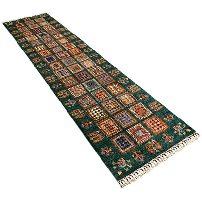 Khorjin runner, diagonal dark green square design with fringes along the narrow edge