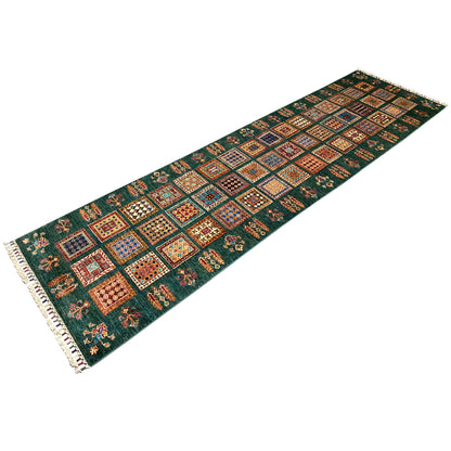 Khorjin runner with border trim, dark green and multicolored squares, fringe at the corner