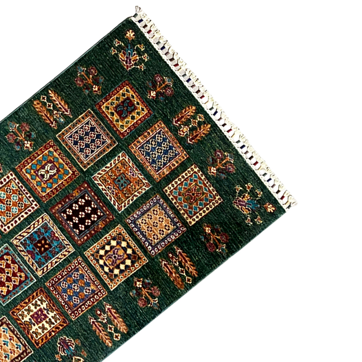Khorjin runner corner with geometric squares, dark green and multicolored accents