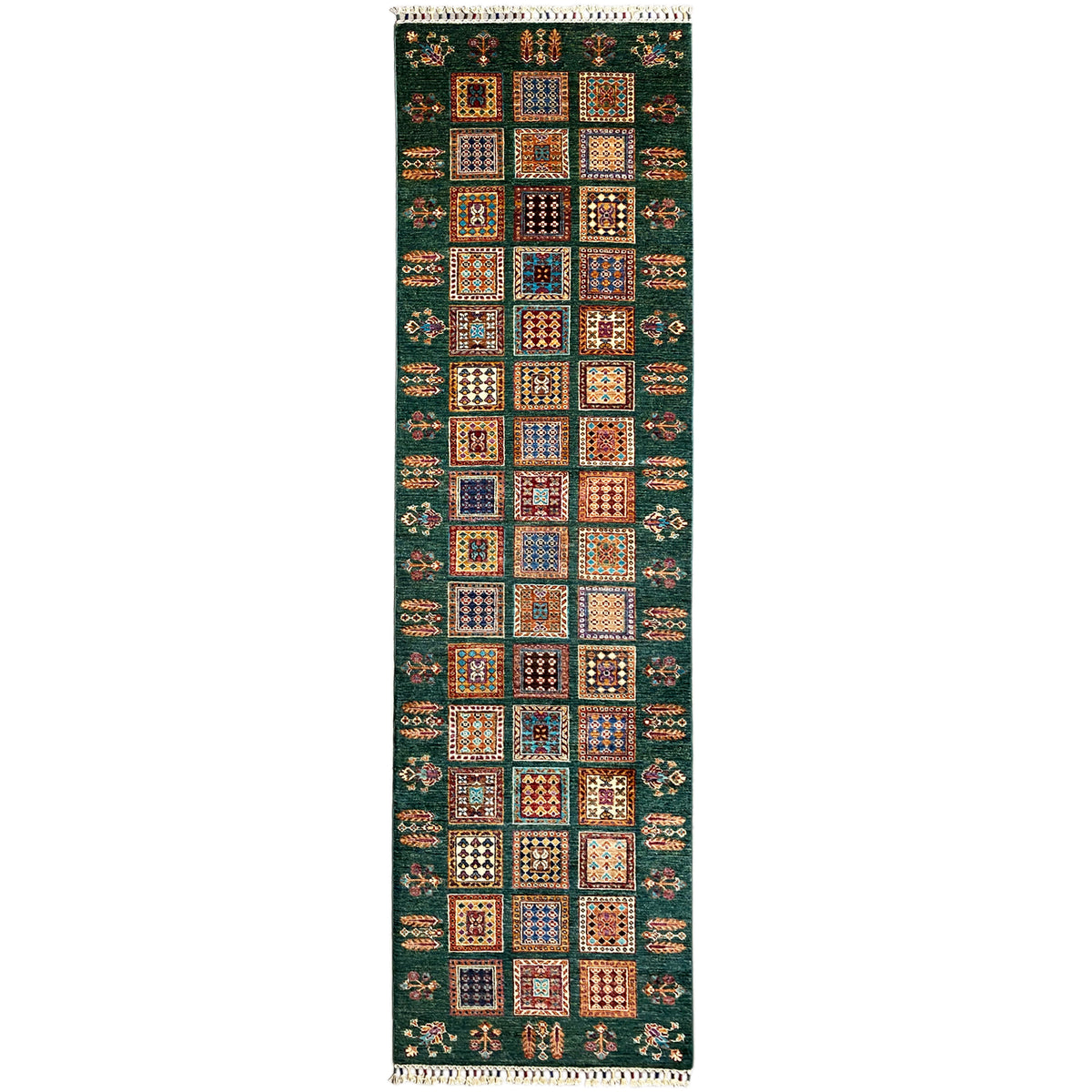 Khorjin runner, dark green with a colorful square pattern and fringe trim on both sides