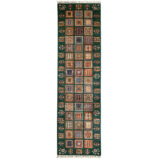 Khorjin runner, dark green with a colorful square pattern and fringe trim on both sides
